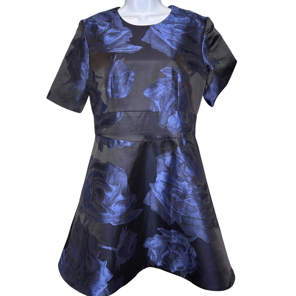 Fiber Arts Metallic Black Blue Floral Jacquard‎ Fit & Flare Cocktail Dress Party